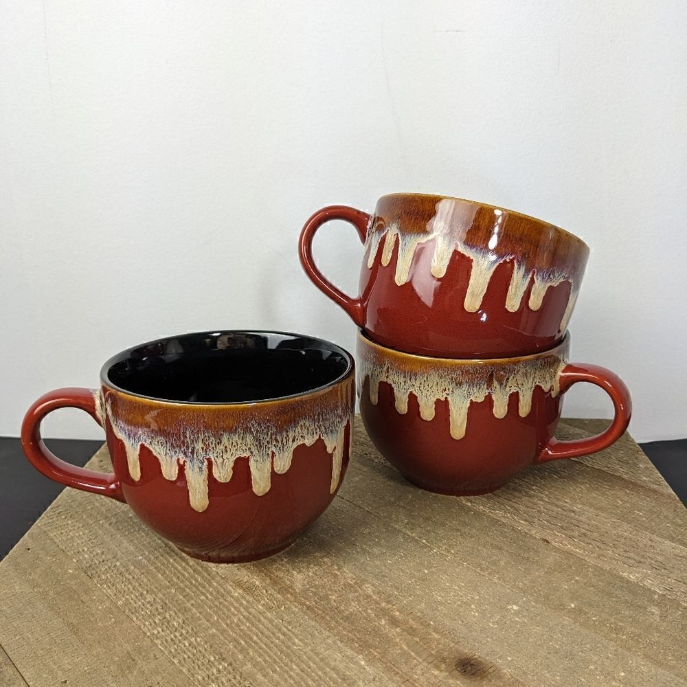 Pier 1 imports Stoneware soup mugs with handle Brown blue drip glaze set of 3